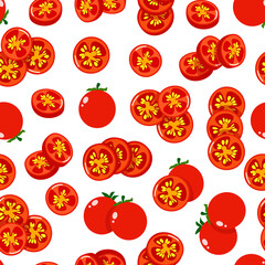 Appetizing seamless pattern of whole and sliced ​​cherry tomatoes