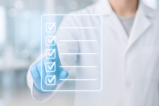 Healthcare professional interacting with a digital checklist interface, representing medical assessment and data verification.