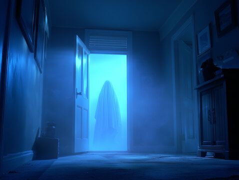 In a dimly illuminated chamber, an open doorway reveals a shimmering blue glow. Within this threshold, a spectral presence clad in flowing white fabric hovers ominously, casting an unsettling ambiance