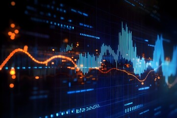 Abstract digital visualization of financial market data with glowing lines and bar charts representing stock performance and economic trends on a dark background