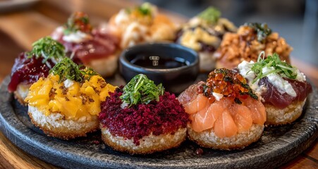 A colorful assortment of sushi donuts arranged on a dark plate with a small bowl of sauce in the center