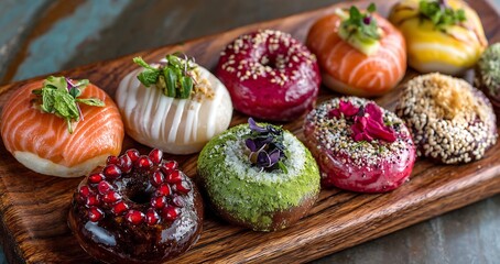 Fototapeta premium Assortment of gourmet donuts with various toppings on a wooden serving board close up view
