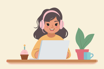 Young woman at laptop with birthday cupcake, flat minimalist illustration in soft pastel colors, remote celebration and online party communication concept on light background with copy space