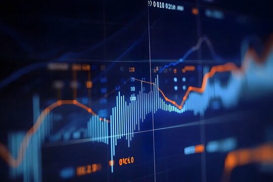 Close up of a glowing blue and orange financial stock market trading chart displaying fluctuating data and trends on a dark digital screen