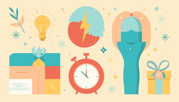 Flat vector New Year icons, pastel retro colors, holiday planning and celebration concept with gifts, stopwatch, bell and creative idea symbols for greeting cards and web banners with copy space