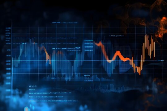 Abstract digital representation of financial market data with fluctuating stock charts and glowing blue and orange lines reflecting on a dark surface