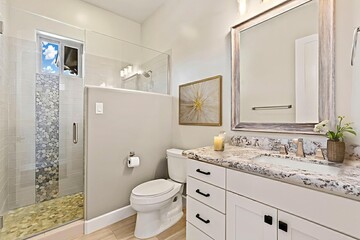 Elegant Bathroom With Highend Features, Contemporary Bathroom Showcasing Marble And Glass Details