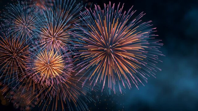 Colorful fireworks video exploding in dark blue night sky creating celebration atmosphere and emotion