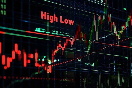 Dynamic stock market trading chart displaying fluctuating price movements with red and green candlesticks indicating losses and gains on a digital display screen - Powered by Adobe