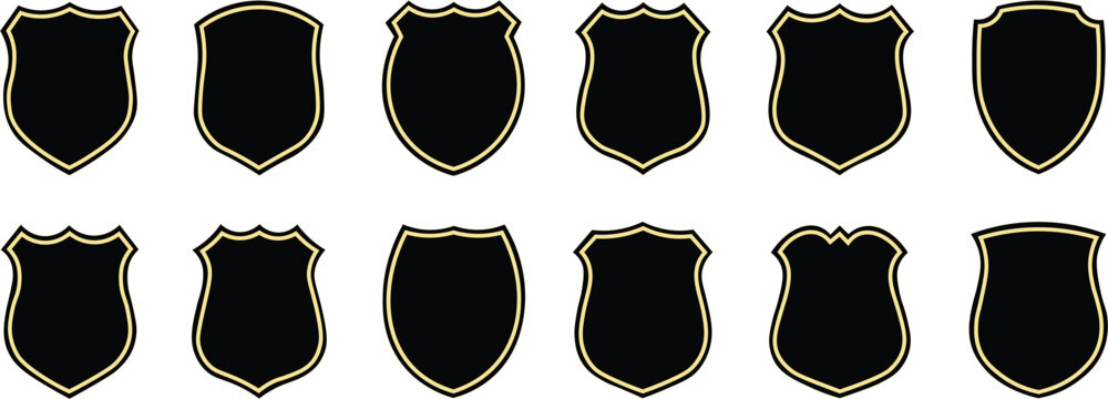 Shape of a police badge. Military shield silhouettes in vector form. Football badge, black security, and shield shaped protection 