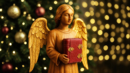 Wooden angel figurine holding a red book stands in front of a beautifully decorated Christmas tree with soft glowing lights, embodying the spirit of the holiday season