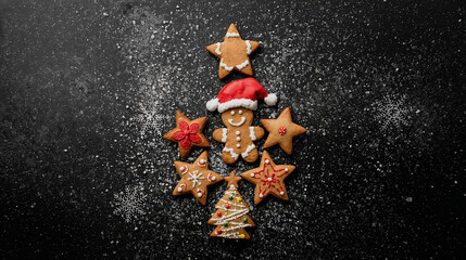 Festive gingerbread cookies arranged in a Christmas tree shape on a dark surface, decorated with icing and sprinkles, creating a joyful holiday atmosphere for seasonal celebrations