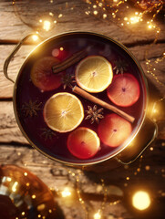 Warm beverage with citrus slices, cinnamon sticks, and star anise in a pot, surrounded by glowing lights on a rustic wooden table, evoking cozy winter vibes and festive gatherings