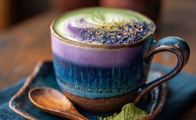 Close up of a colorful latte with floral garnish in a blue ceramic mug on a matching plate