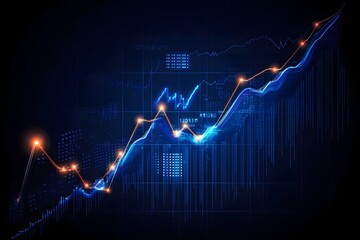 Abstract digital visualization of a dynamic financial market graph showing upward trend with glowing data points on a dark background