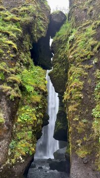Hidden Waterfall Gljufrabui Between Mossy Cliffs Iceland Nature