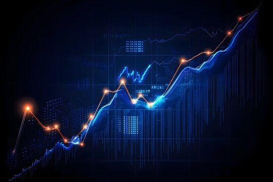 Abstract digital visualization of a dynamic financial market graph showing upward trend with glowing data points on a dark background