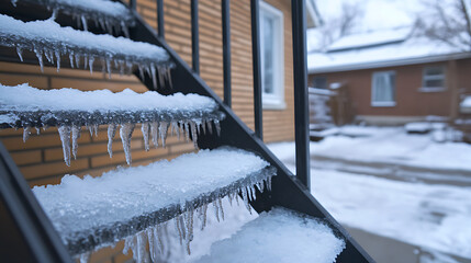 A staircase encased in snow and icicles, highlighting the beauty and danger of winter weather. The frozen scene captures a sense of stillness and winter's transformative touch.