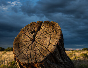Obraz premium Weathered tree stump under a dramatic sky, symbolizing resilience, age, or history. Perfect for nature, environmental, or abstract concepts.