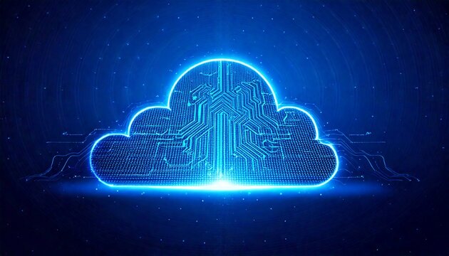 Glowing blue cloud icon with integrated circuit board pattern representing cloud computing and digital technology.