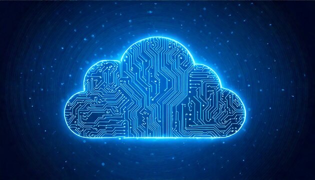A glowing blue cloud icon with a circuit board pattern, representing cloud computing and digital technology.