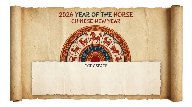 textured printable wall art template template for chinese new year 2026 with horoscope wheel highlighting the horse central composition with copy space below isolated on white background