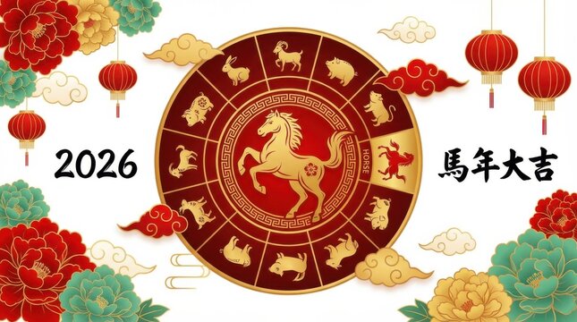 dynamic square banner template for chinese new year 2026 with horoscope wheel highlighting the horse balanced composition for promotional designs isolated on white background