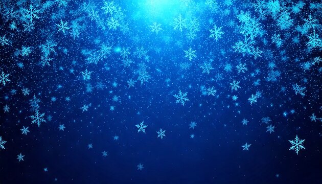 Abstract blue background with falling snowflakes and a bright light source, creating a winter or festive atmosphere.