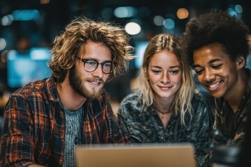 Diverse group of young adults look at laptop screen at a modern urban cafe at night, smiling