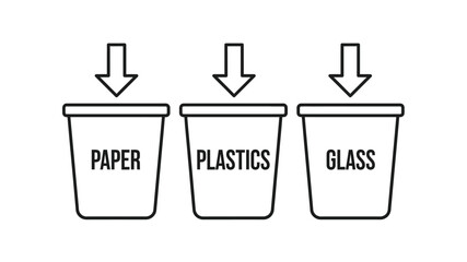 Three recycling bins for paper plastics and glass with downward pointing arrows shown
