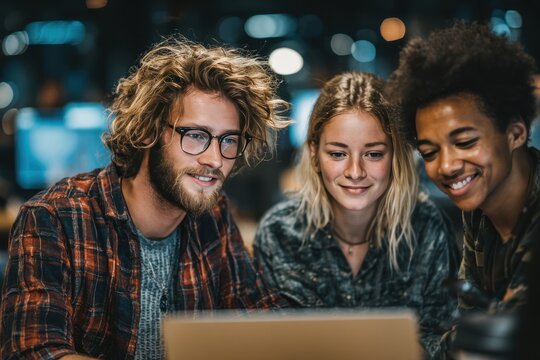 Diverse group of young adults look at laptop screen at a modern urban cafe at night, smiling