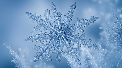 Frozen icy blue snowflake macro close-up winter crystal cold season background photography design