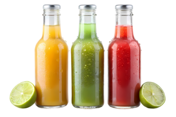 Three glass bottles filled with colorful juices and lime halves on a black background studio shot on transparent background