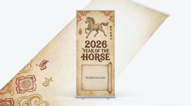 vintage roll-up banner template for chinese new year 2026 with zodiac horse illustration bold main title and flexible text area isolated on white background