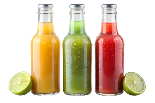 Three glass bottles filled with colorful juices and lime halves on a black background studio shot on transparent background
