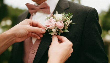 Groom getting ready for wedding with floral boutonniere attached in outdoor setting surrounded by nature