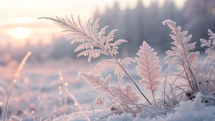 Close up of delicate frost-covered plants shimmering with hoarfrost in soft morning light during a serene winter sunrise for seasonal beauty concept