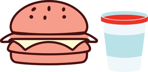 Cartoon hamburger with cheese, sesame bun, and refreshing drink in a cup. simple flat vector illustration for fast food menu design Vector