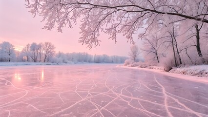 Frozen river covered in delicate hoar frost under a soft pastel pink sunrise for a serene winter wonderland concept and peaceful nature landscape
