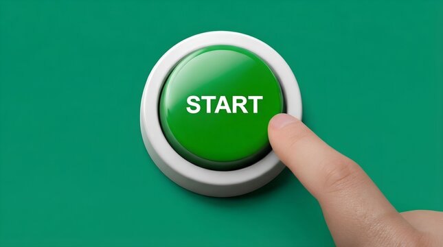 Bright green start button pressed by a finger on a solid teal background during a game or project initiation