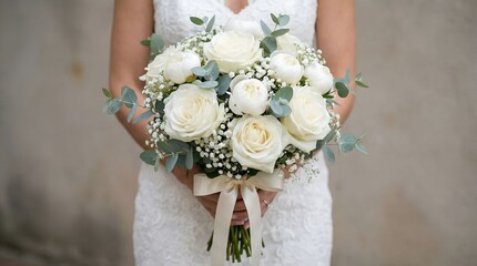 Beautiful white rose bouquet held by bride in elegant setting during wedding ceremony preparation