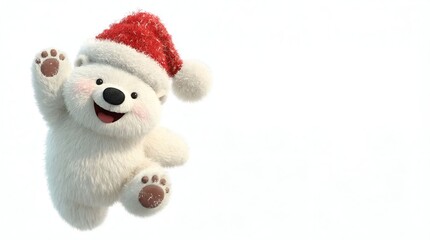 Festive polar bear character wearing a red Santa hat and joyful expression, celebrating the winter season