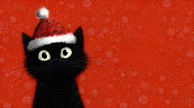 Cute black cat wearing a Santa hat against a bright red festive background with snowflakes