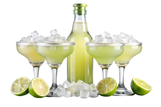 Close up of margarita glasses and a bottle filled with a green liquid surrounded by lime halves on transparent background