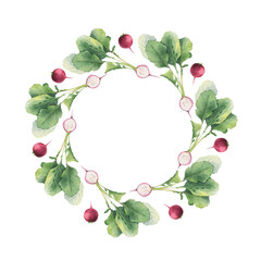 Radish frame with whole and slices red roots, leaves. Isolated hand drawn watercolor botanical wreath. Template of garden vegetables for healthy food, packaging design, menu, recipes, kitchen textile