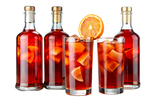 Still life of two glasses and three bottles filled with a red beverage with orange slices inside on transparent background - Powered by Adobe