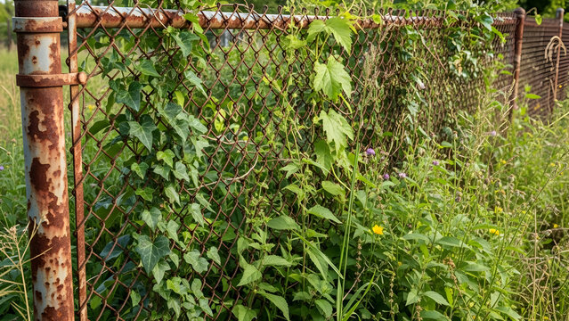 Overgrown rusty fence with green vines and foliage