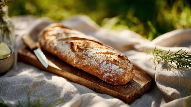 Theme Park Picnic Freshly Baked Baguette on Rustic Wooden Board with Knife on Blanket
