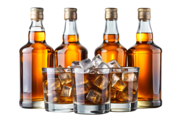 Four whiskey bottles behind two glasses filled with ice cubes and whiskey on a black background on transparent background