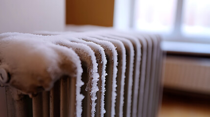 Frost covered metal radiator indoor, showcasing the stark contrast between the cold exterior and the warmth it provides. A close-up view reveals intricate ice crystals.